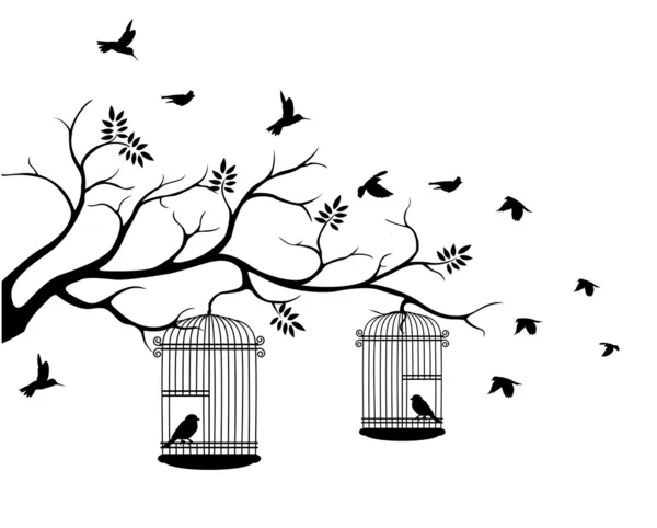 Illustration flying birds with a love for the bird in the cage