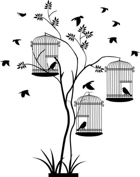 Illustration flying birds with a love for the bird in the cage