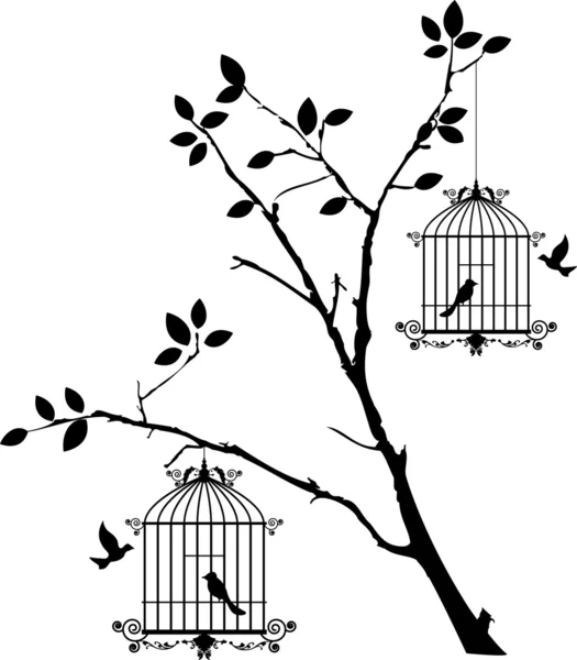 Tree silhouette with birds flying and bird in a cage