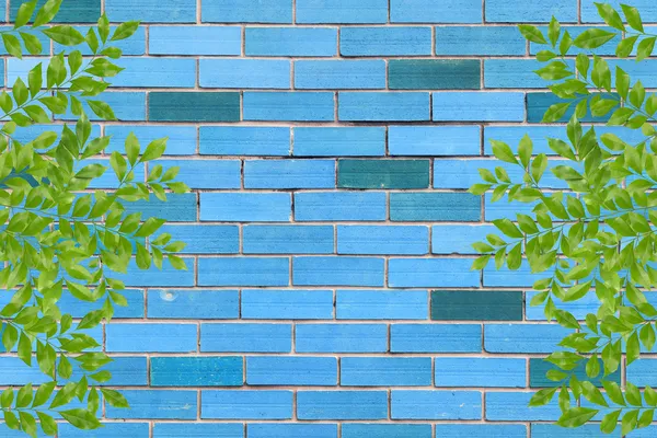 Blue tiles wall with green leaves frame