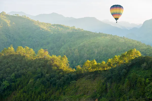 Green forest mountain with hot air balloon