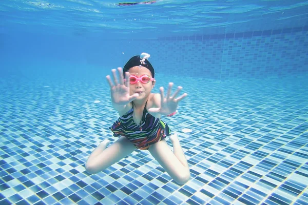 Little asian girl underwater in swimming pool