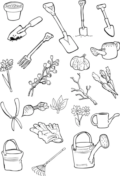 Doodles of garden tools and gardening things.