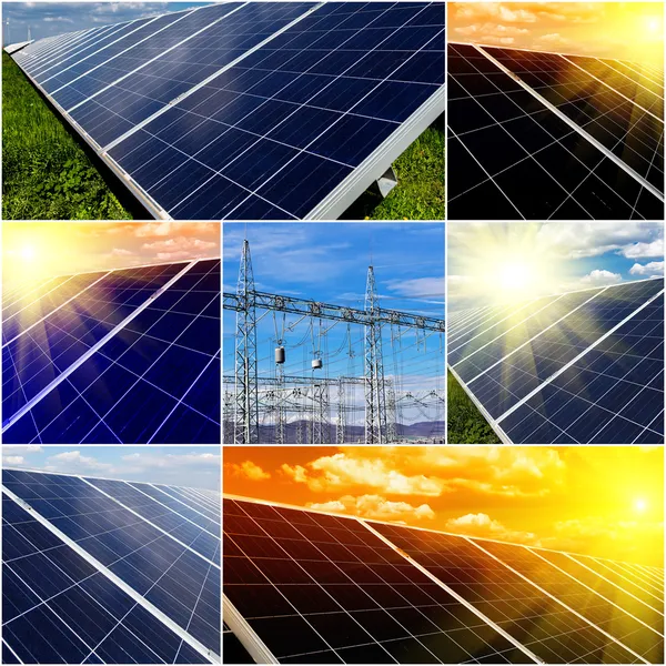 Power plant using renewable solar energy. Collage