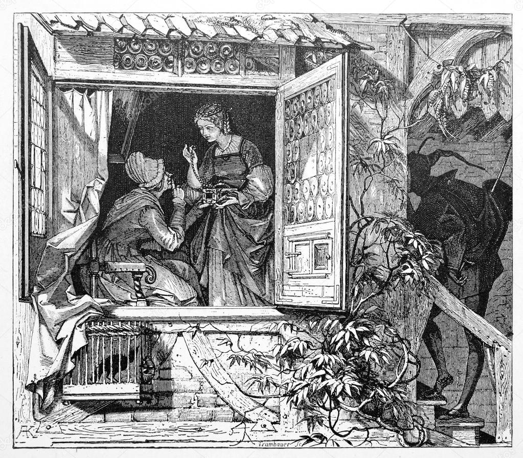 Goether's Faust Gretchen in the house of her neighbor — Stock Photo