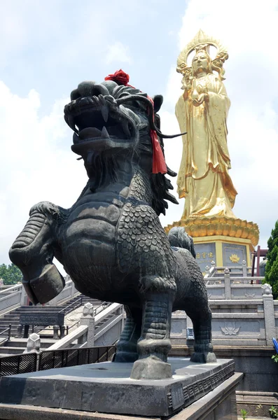 Chinese lion in front of Buddha