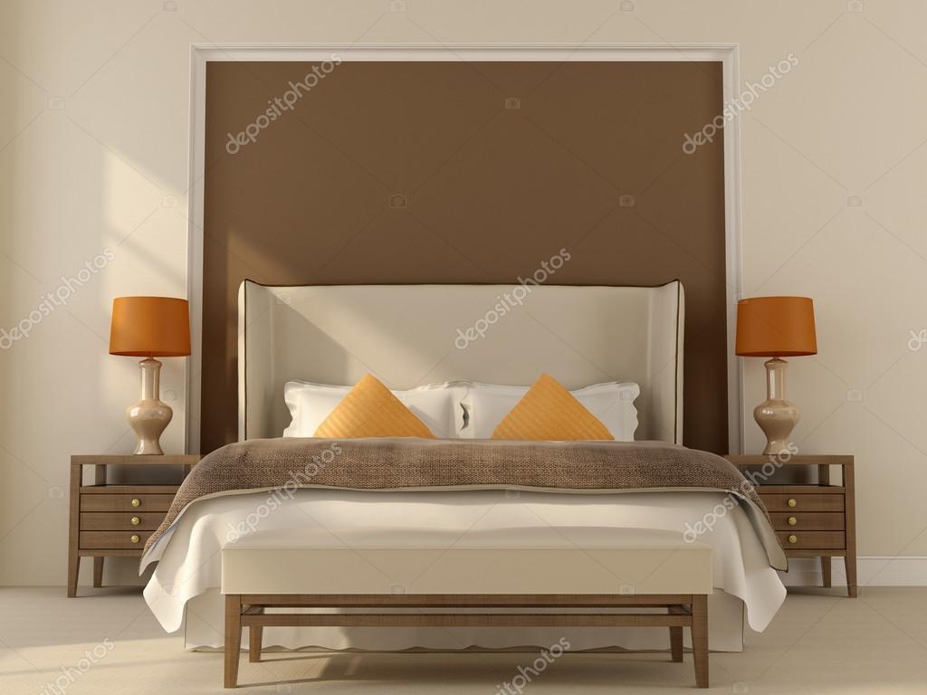 Slaapkamer in beige en bruin kleuren met oranje decoratie ...
