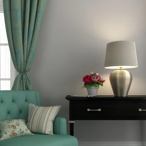 Turquoise chair and golden lamp