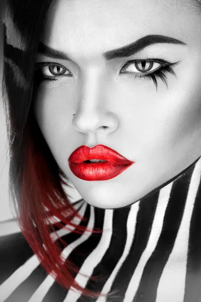 Black and white Serious woman with sexy red lips looking at came
