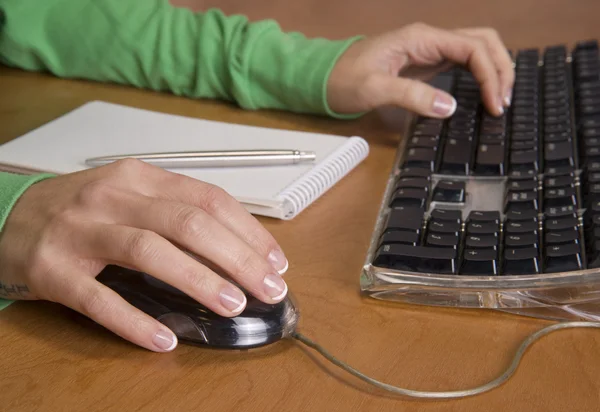 Attractive Female Hands Work Computer Keyboard and Mouse on Desktop