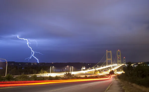 Lightning Strike Thunderstorm Over Narrows Bridge Tacoma Washington