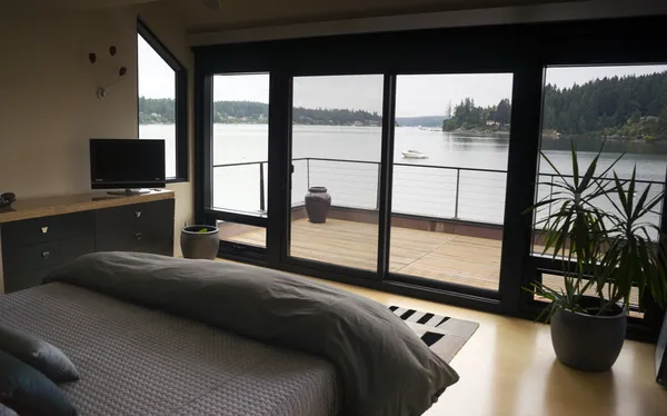 Home Interior Bedroom Sliding Glass Doors Deck Harbor Boat Nautical