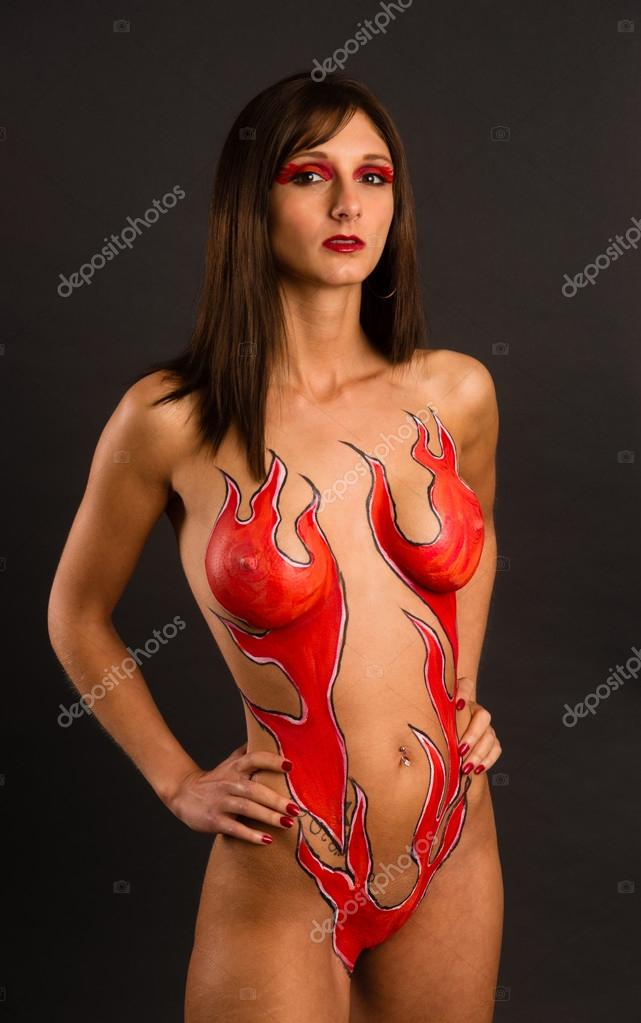 Beautiful Brunette Woman Nude Body Paint Flames Goddess
