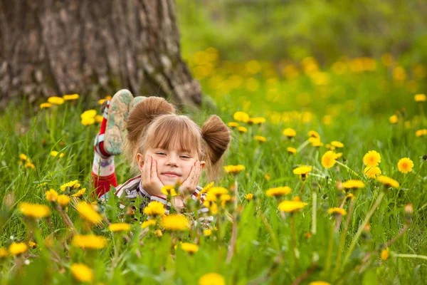 Lovely little five-year girl lying in grass