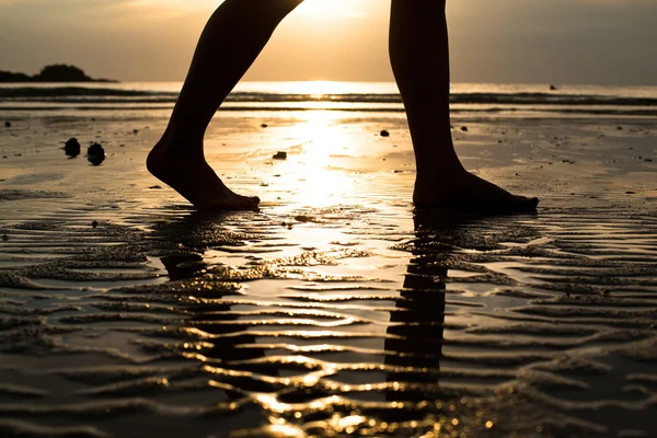 Feet of a young woman walking on the beach at sunset