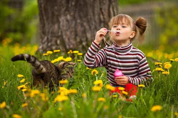 Portrait of funny lovely little girl and a cat