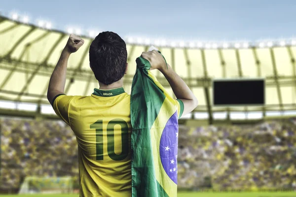 Brazilian soccer player holding the flag of Brazil celebrates with the fans on the stadium