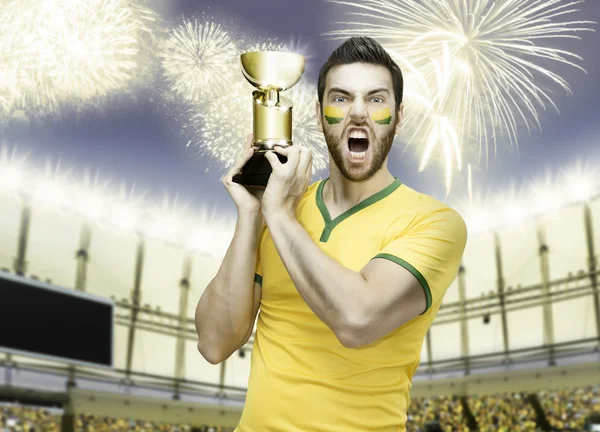 Brazilian soccer player celebrates the victory on the stadium