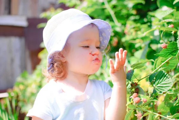 The child eats berries in a garden
