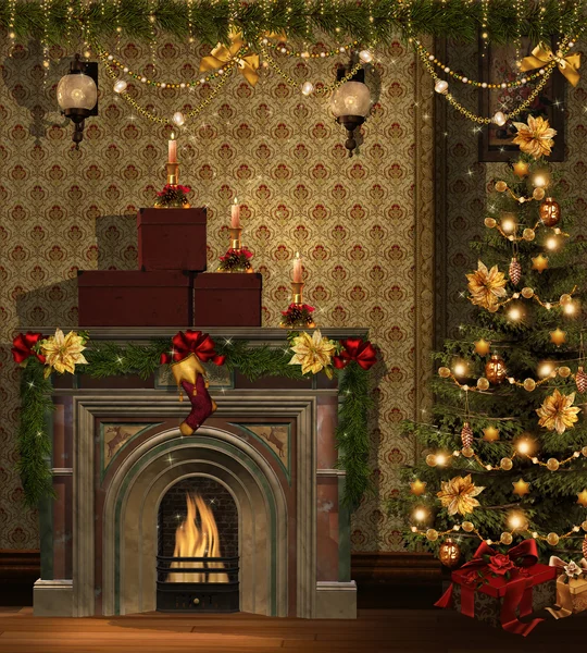 Christmas room with golden decorations