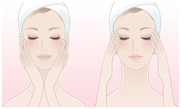 Beautiful young woman pressing temples, Touching her face after beauty treatment.
