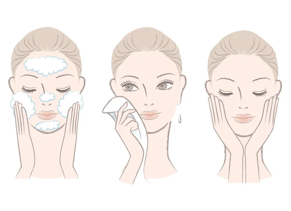 Set of fresh beautiful woman in process for washing face