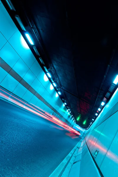 The tunnel at night, the lights formed a line