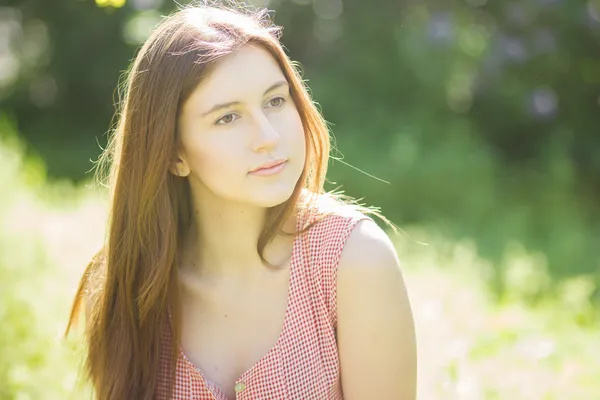 Portrait of a beautiful young woman with brown hair in retro plaid dress. Girl posing in nature with a small bouquet of violets