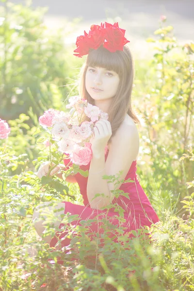Portrait of a beautiful young woman with brown hair in red light dress. Girl in the garden with rose bushes