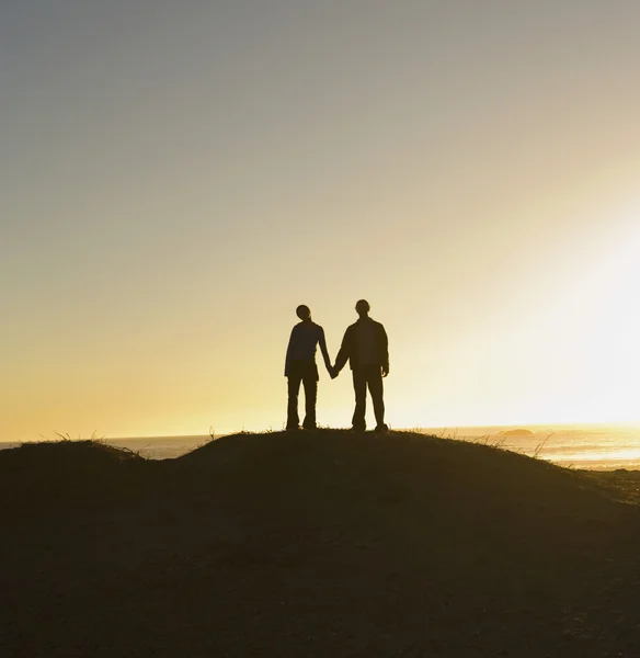 Silhouette of couple holding hands on hill