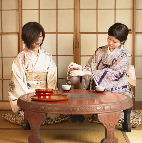 Two Asian women drinking tea