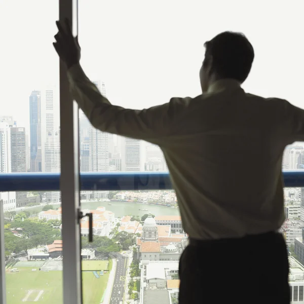 Rear view of businessman looking out office window
