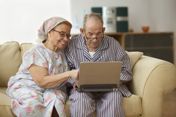Elderly couple using a laptop