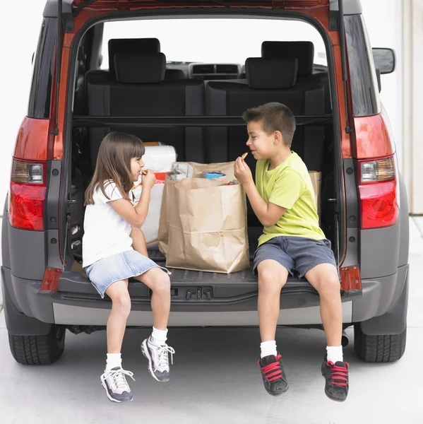 Brother and sister eating groceries in back of van