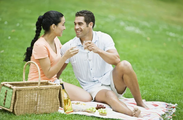 Hispanic couple toasting at picnic