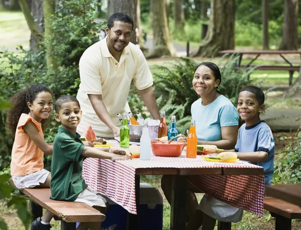 Multi-ethnic family eating at picnic table