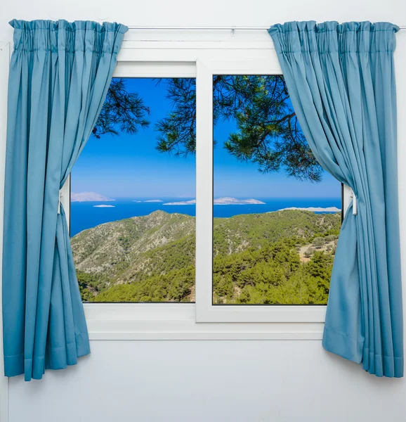 Nature landscape with a view through a window with curtains