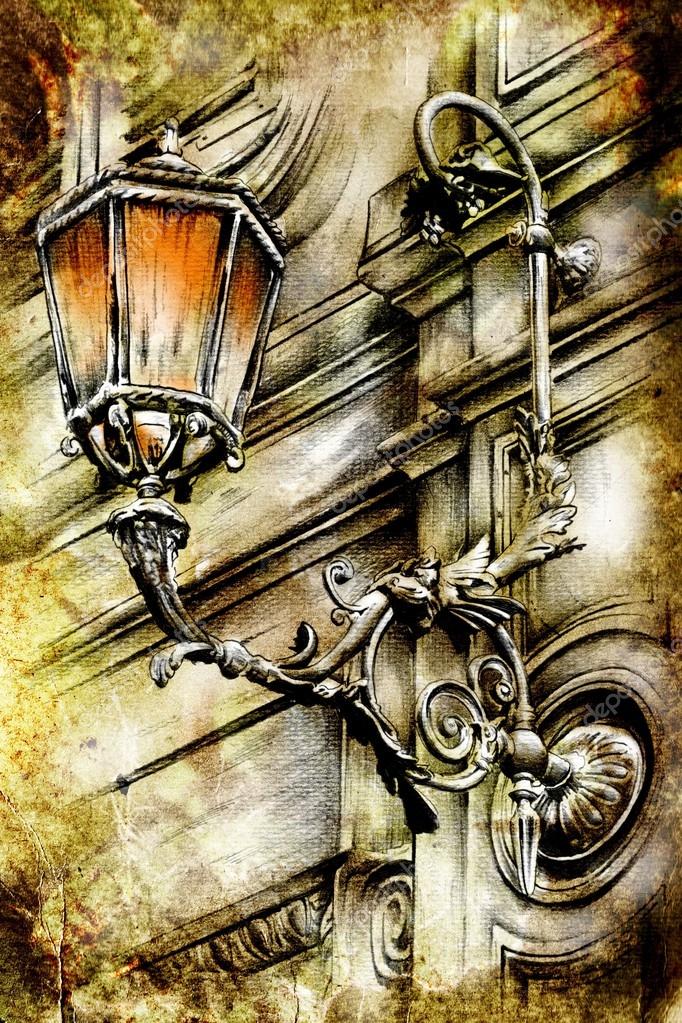 Arte retro vintage lámpara dibujo divertido — foto de stock ...