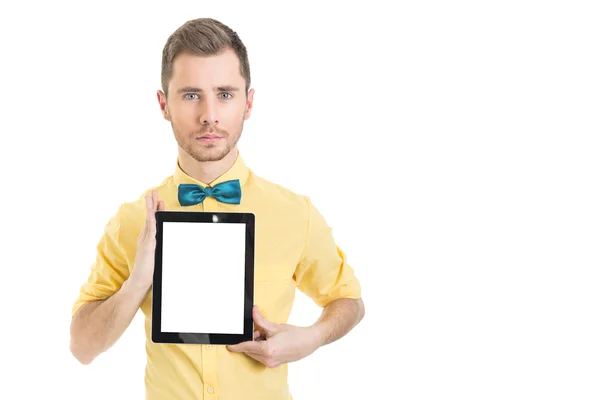 Fashionable young man showing blank digital tablet screen