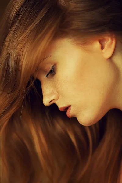 Profile portrait of a beautiful red-haired (ginger) girl with fr