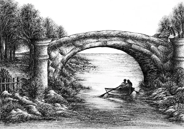 Ink Drawing of Old Bridge Across a Small River