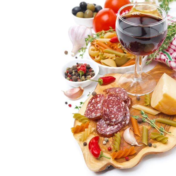 Italian food - cheese, sausage, pasta, spices and wine isolated — Stock Photo #29514901