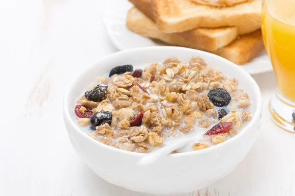Muesli with milk and dried fruit, toast with peanut butter