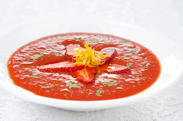 Tomato and strawberry gazpacho, horizontal close-up