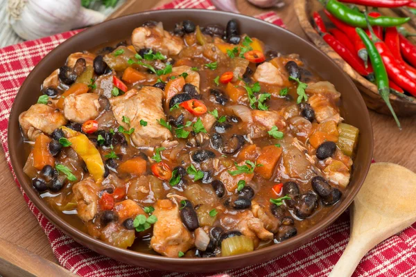 Chili with black beans and chicken, top view