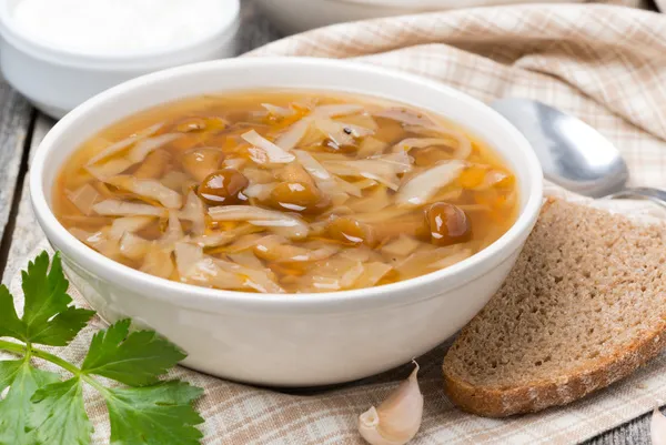 Traditional Russian cabbage soup (shchi) with mushrooms in bowl