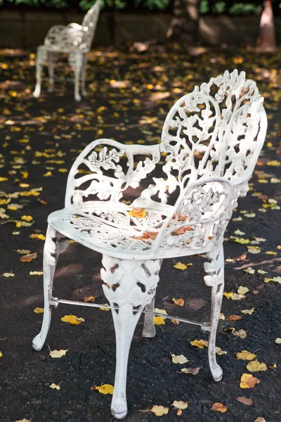 White iron chair in outdoor cafe autumn