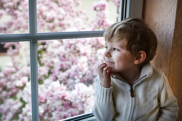 Adorable toddler boy looking out of the window