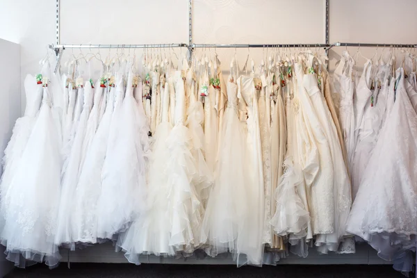 Collection of wedding dresses in the shop