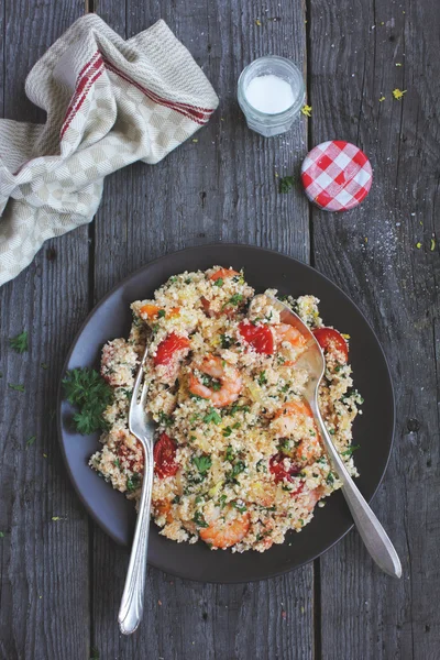 Cauliflower Couscous with Garlic Shrimps, Cherry Tomatoes and Lemon